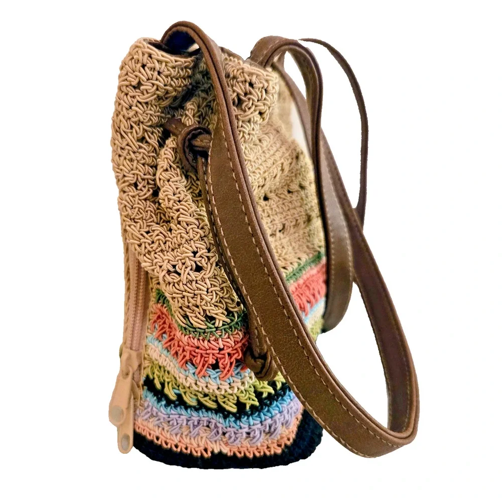 Rosetti Summer Boho Hippie Multicolor Stripes and Tan Raffia Look Handbag Purse